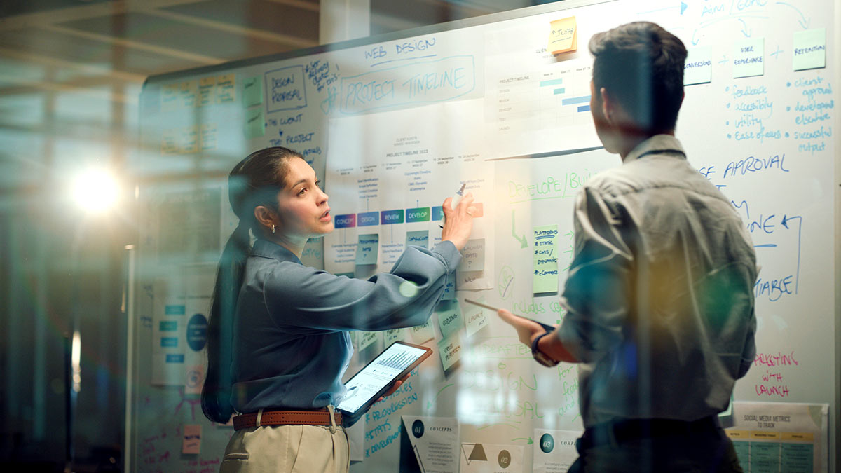 Business people looking at notes on a whiteboard