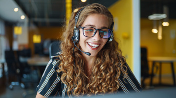 Businesswoman talking through a headset sitting at a computer